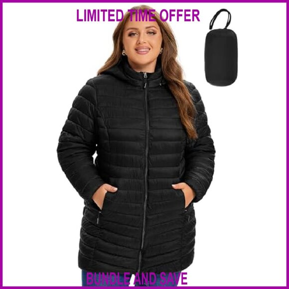 Plus Size Lightweight Puffer Jacket with Detachable Hood Packable Winter Coat - Picture 2 of 7